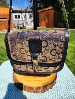 Authentic Celine Tan & Black Signature C Logo Crossbody with Gold Hardware